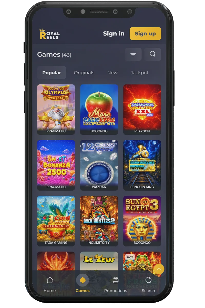 Screenshot of an online casino on a mobile phone